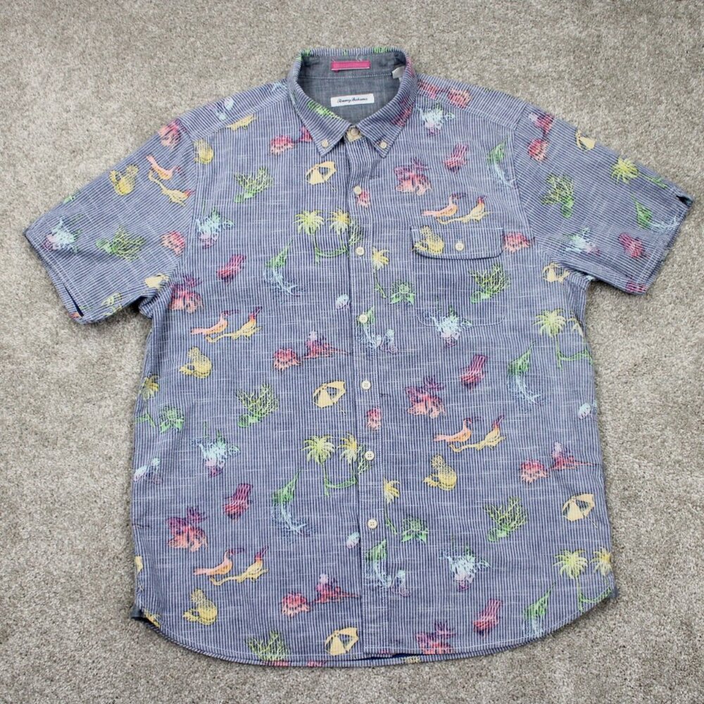 Tommy Bahama Reverse Print Shirt Mens Large Blue Hawaiian Cotton/Tencel S/S